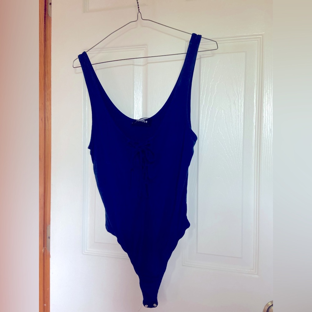 Stylish 4SI3NNA Navy Blue Bodysuit with Drawstring Accent